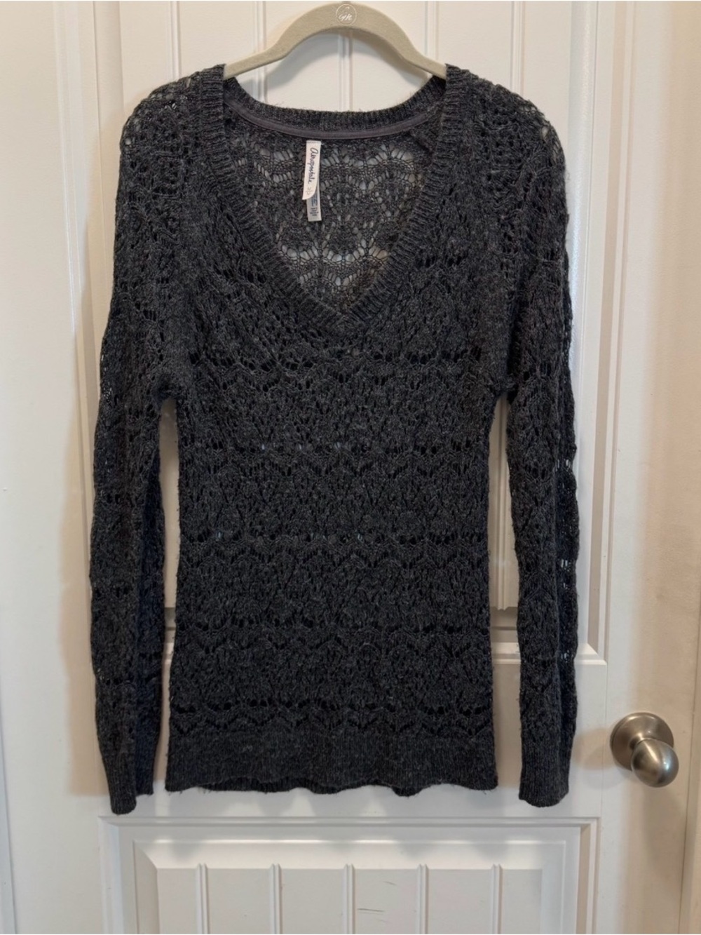 Aeropostale Women Pointelle Grey Sweater Open Knit Crochet V Neck Y2K Sz Medium